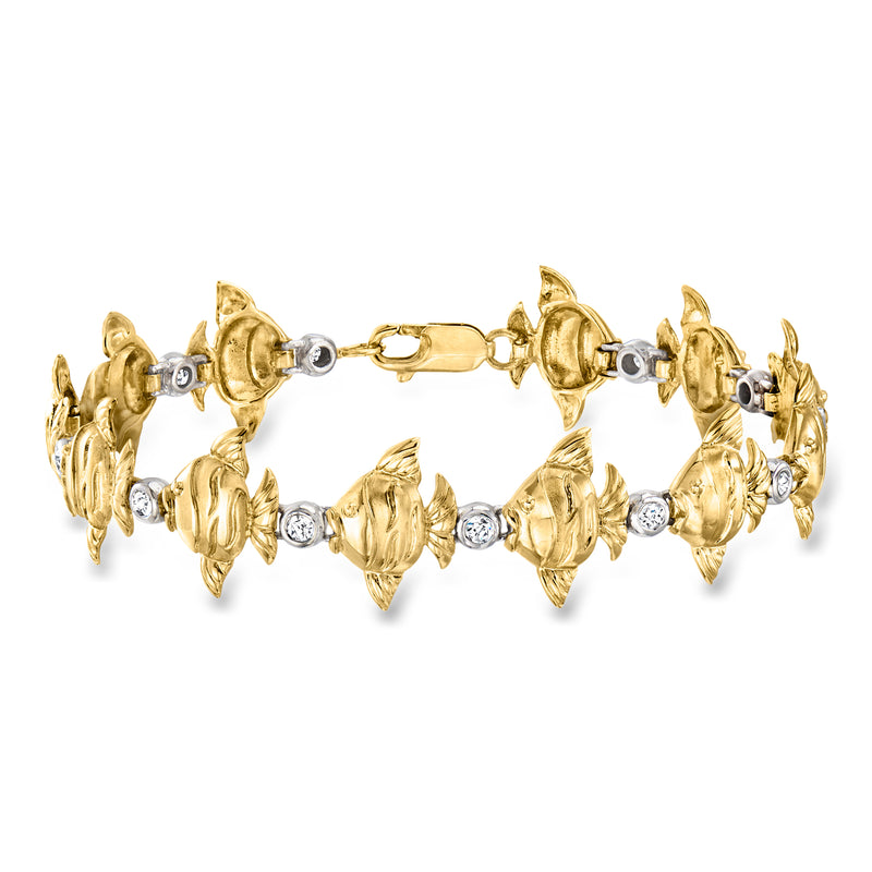 Two-tone gold fish motif bracelet with small round diamonds, hinged clasp