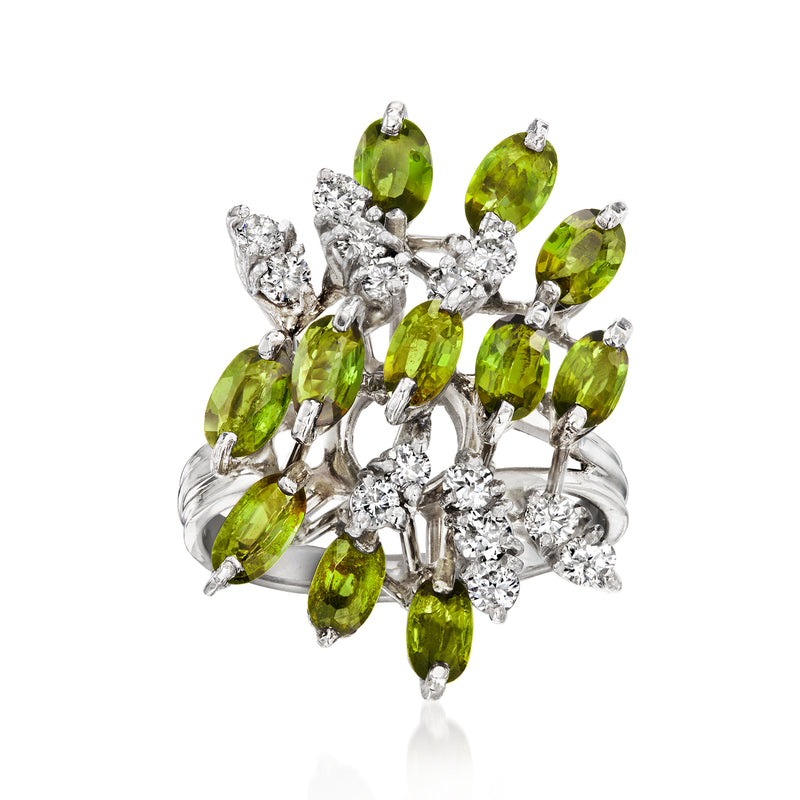 14kt white gold ring with green tourmaline and diamond cluster, oval stones