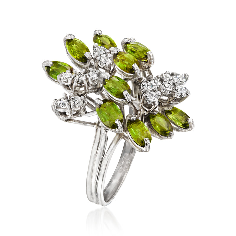 Green tourmaline and diamond cluster ring on white gold, sculpted prong setting
