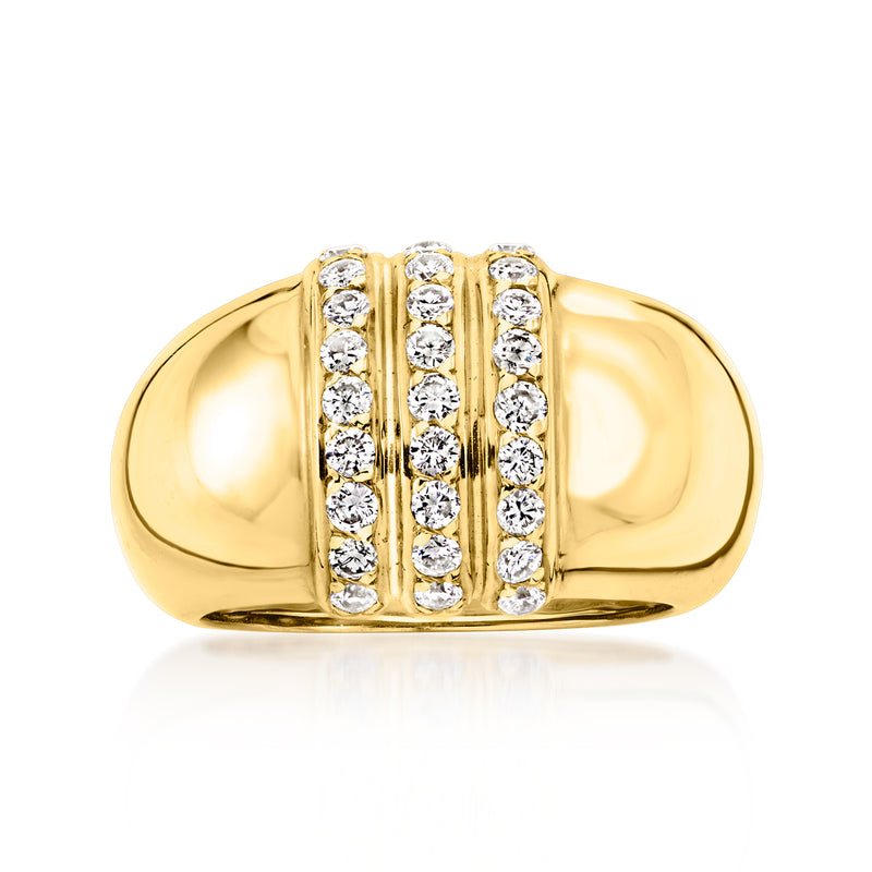 18kt yellow gold diamond striped ring with three rows of round diamonds