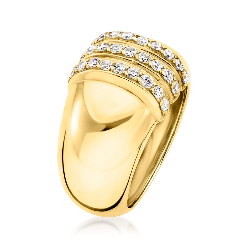 18kt yellow gold diamond striped ring with three rows of round stones