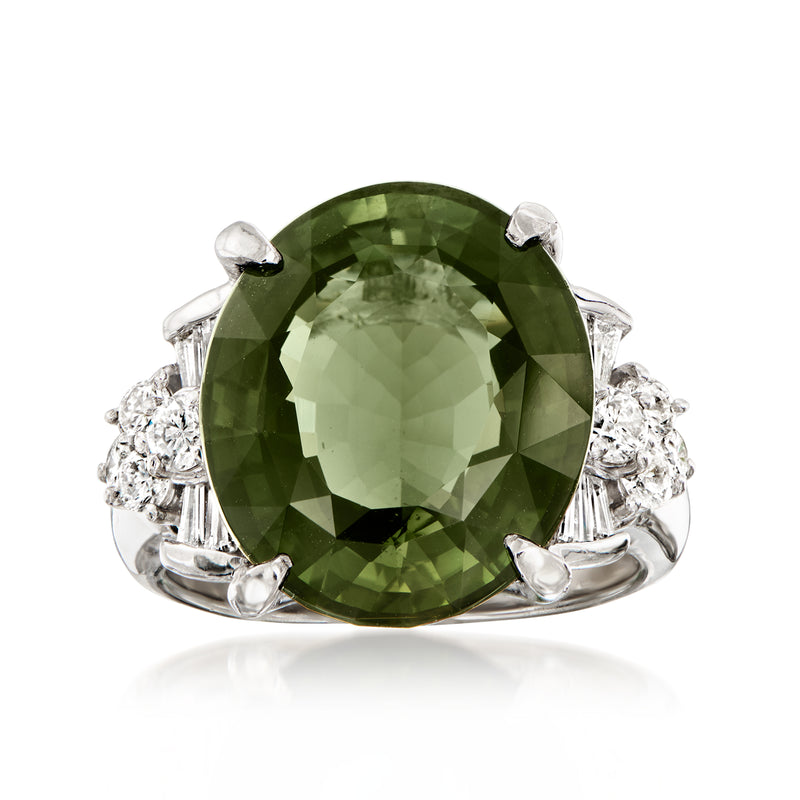 Platinum cocktail ring with large oval green tourmaline center and diamond side clusters
