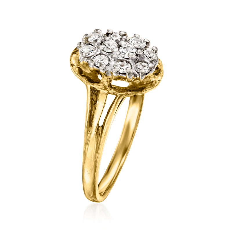 14kt yellow gold diamond cluster ring, side view of round-cut center stones