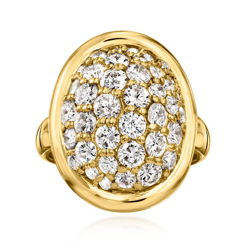 18kt yellow gold oval diamond cluster ring with round white diamonds in gold prongs