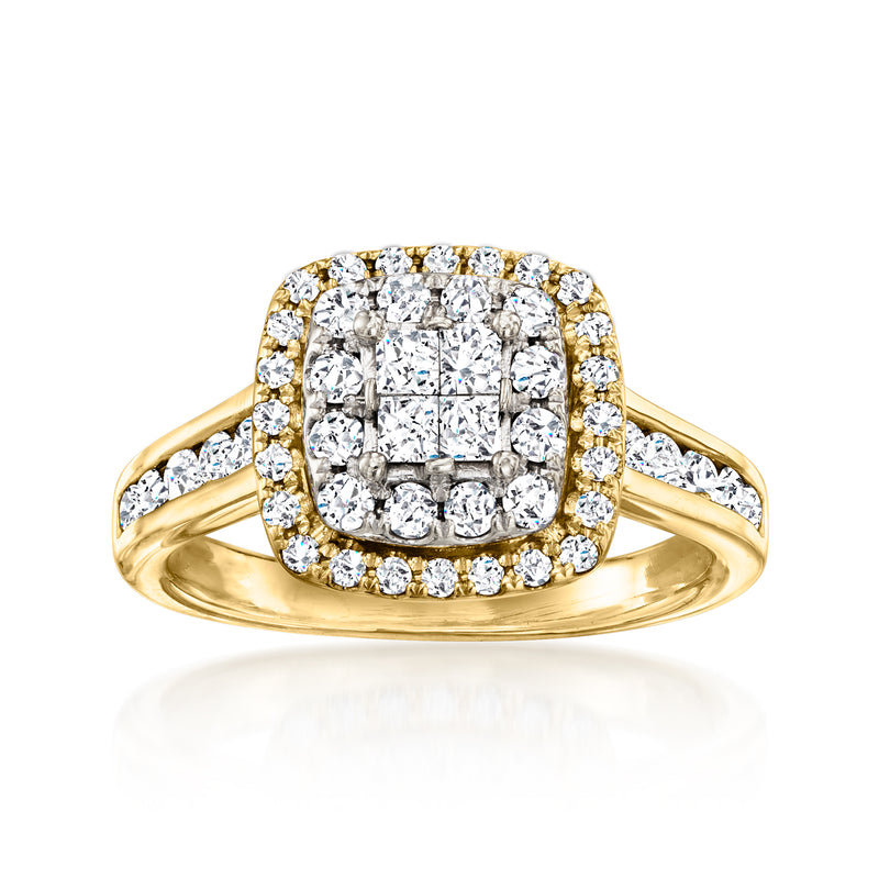 Vintage diamond cluster ring in 14kt yellow gold with square center and round side stones