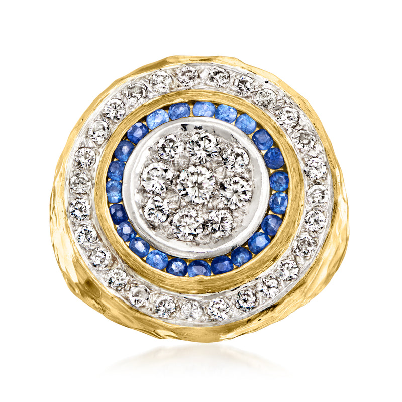 Vintage ring: gold and platinum with diamond center, blue sapphire halo, size 8.5