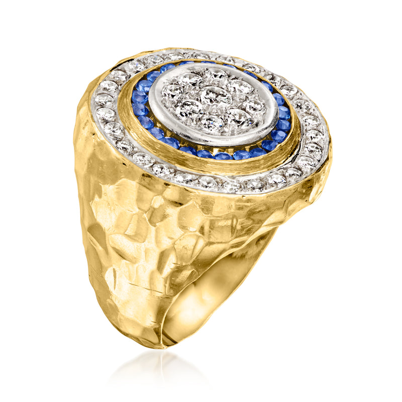 Vintage gold ring with platinum oval setting, diamond pave, blue sapphire border