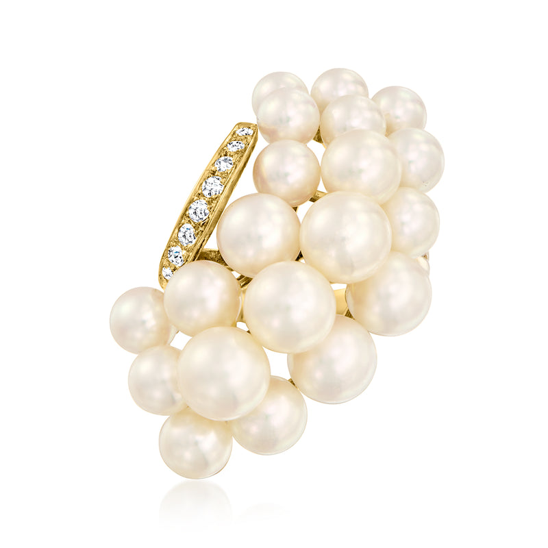 18kt yellow gold cultured pearl cluster ring with round white pearls and diamond accents