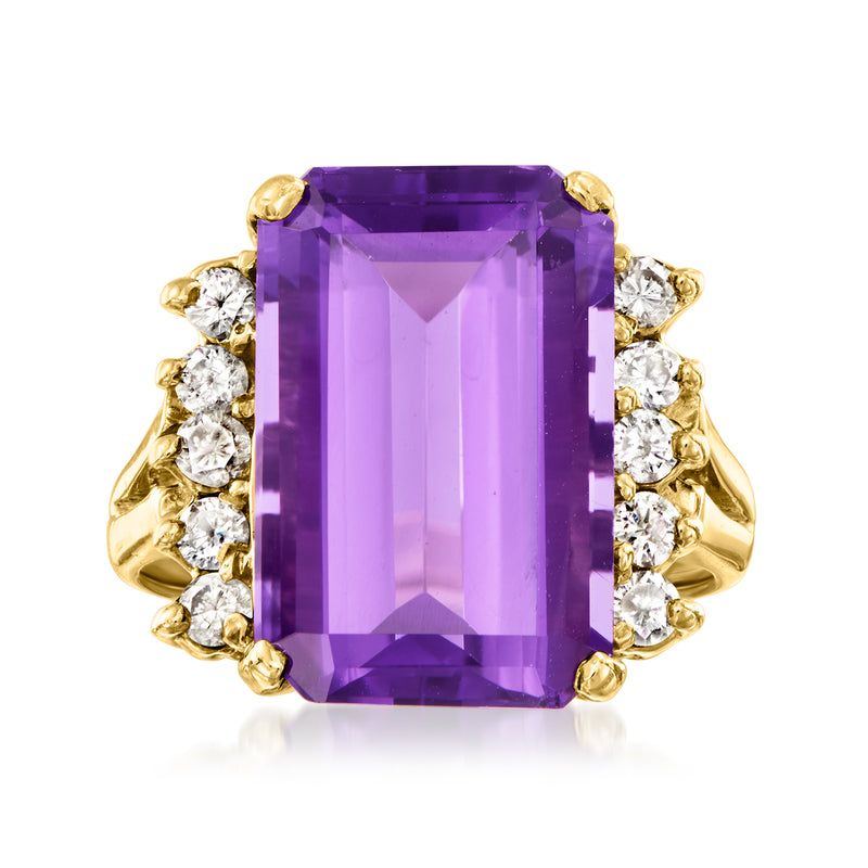 14kt yellow gold ring with rectangular amethyst center and diamond accents around