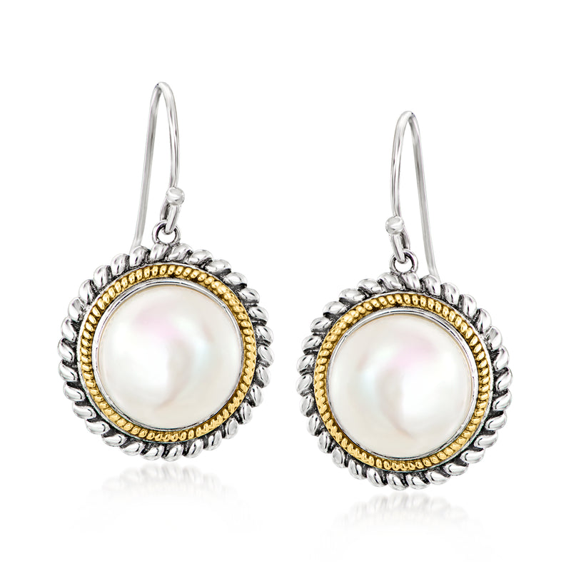 Cultured pearl drop earrings with sterling silver roped edge and yellow gold trim