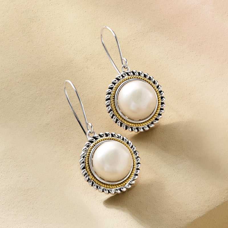 Cultured pearl drop earrings, round pearl with roped silver border and yellow gold ring