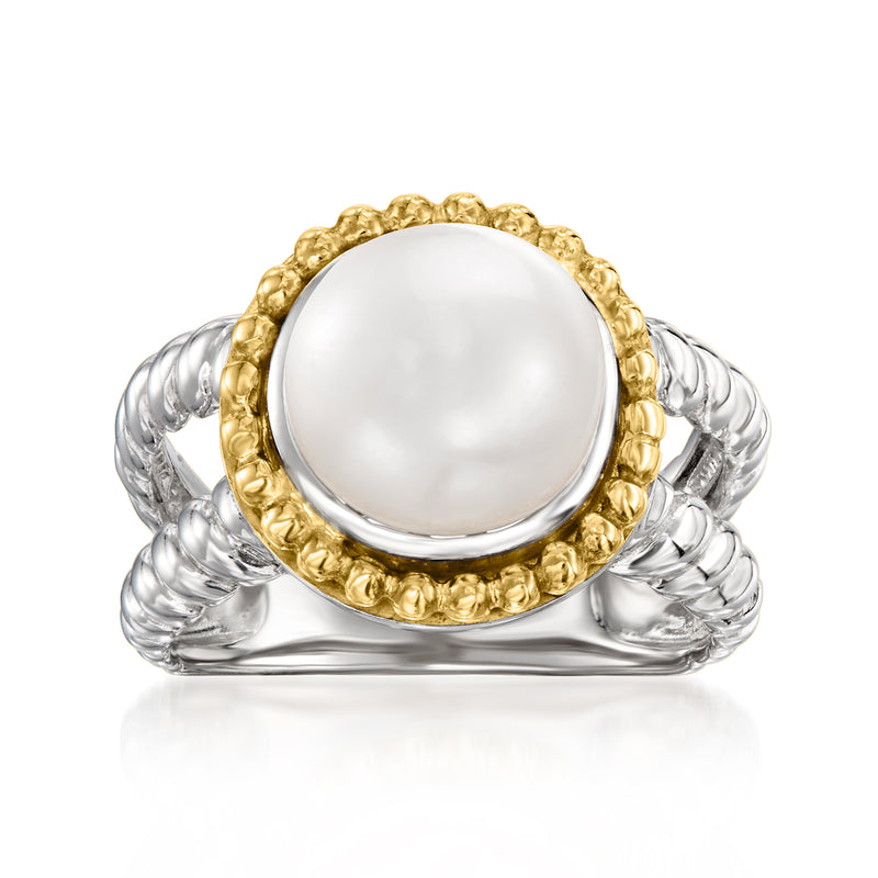 Cultured pearl ring with white bezel pearl, gold halo and twisted sterling silver band