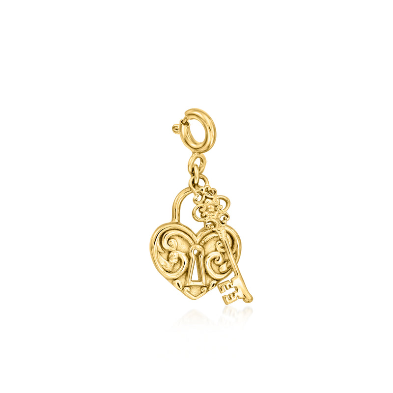 Gold-tone heart lock and key charm with ornate filigree detail