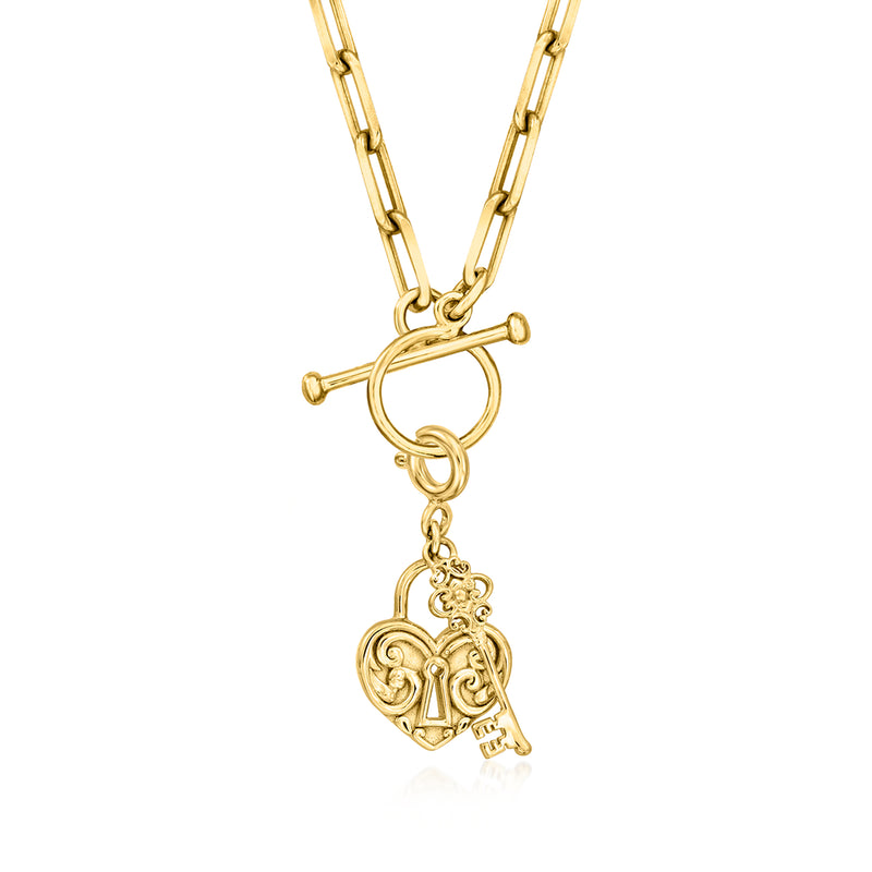 Heart lock and key charm on gold-tone link chain, ornate filigree