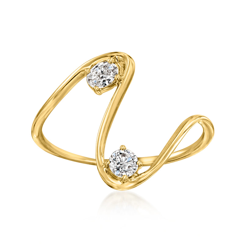 Wavy lab-grown diamond ring in 14kt yellow gold with two round stones