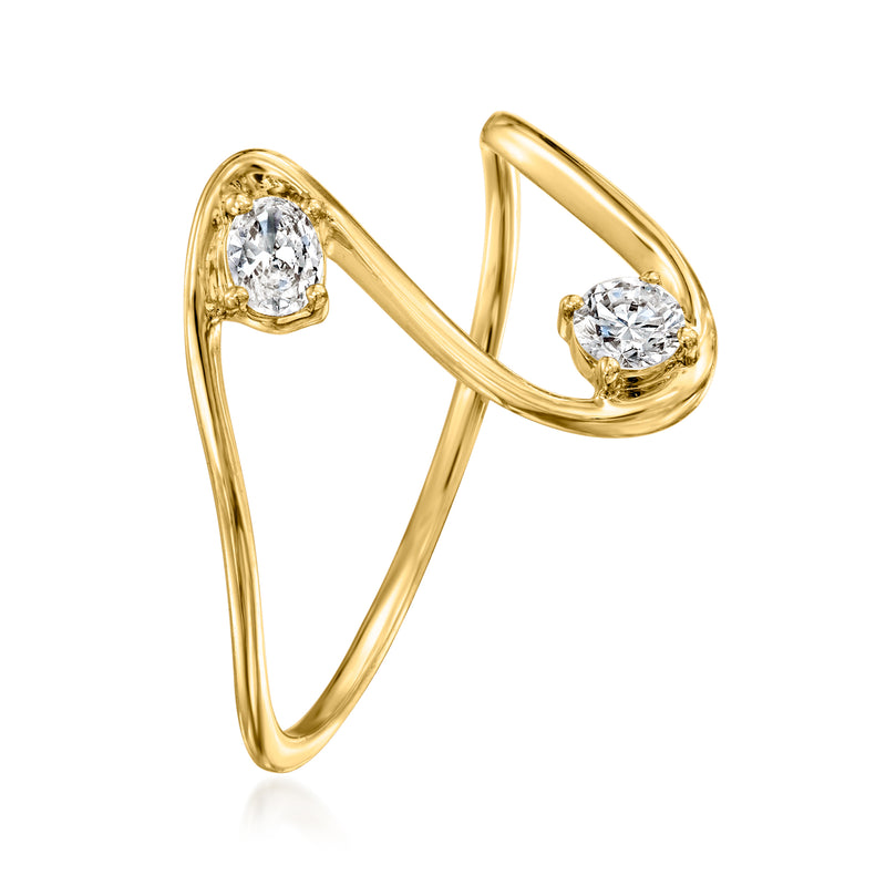 Wavy 14kt yellow gold ring with two round lab-grown diamonds, side view
