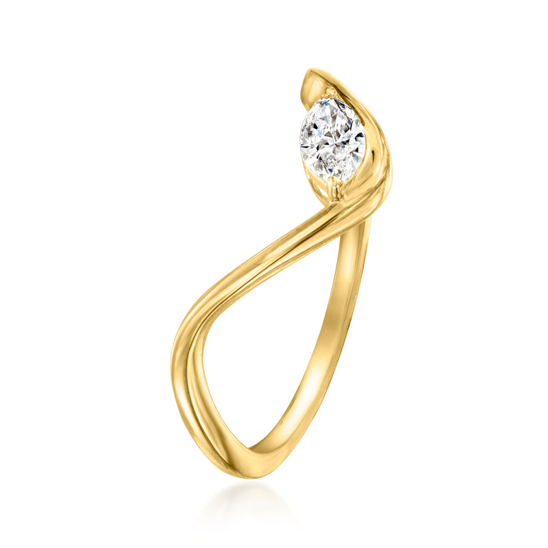 18kt gold wave ring with marquise-cut lab diamond, side view