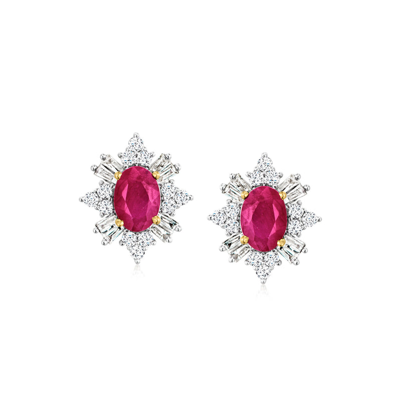 2.10 ct. t.w. Ruby and .75 ct. t.w. Lab-Grown Diamond Burst Earrings in 14kt Yellow Gold