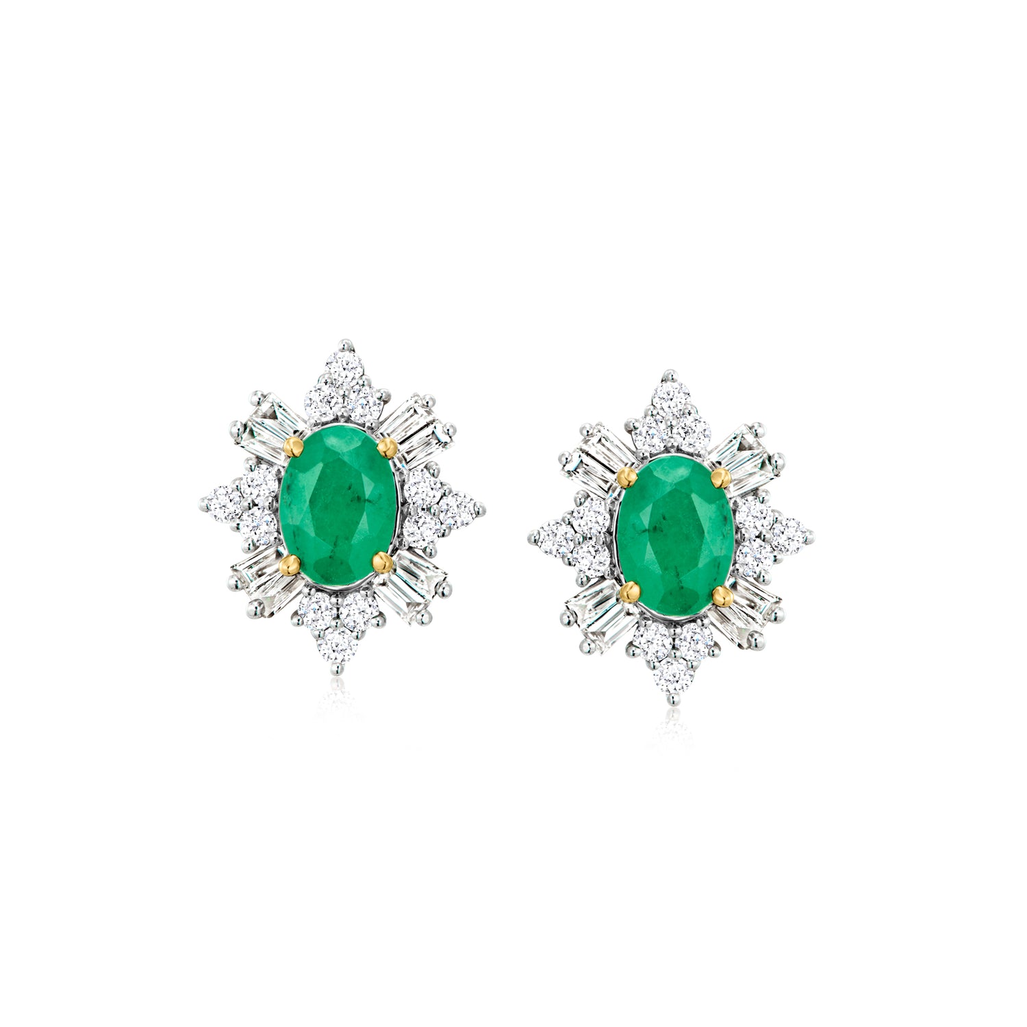 Ross-simons 1.50 Ct. T.w. Emerald And .75 Ct. T.w. Lab Grown Diamond Burst Earrings In 14kt Yellow Gold