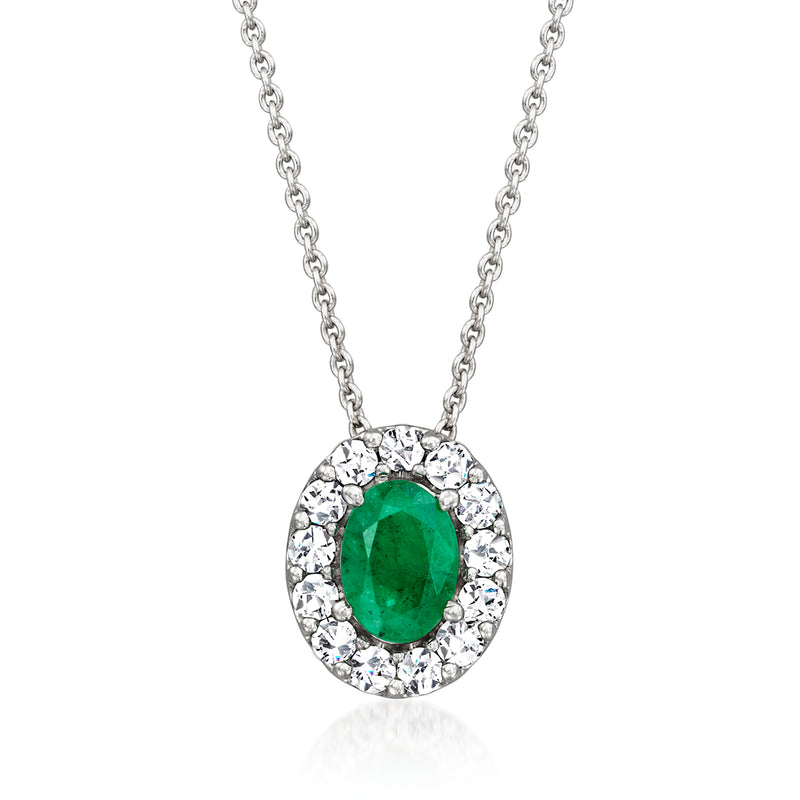 Sterling silver necklace with oval green gemstone pendant surrounded by lab-grown diamonds