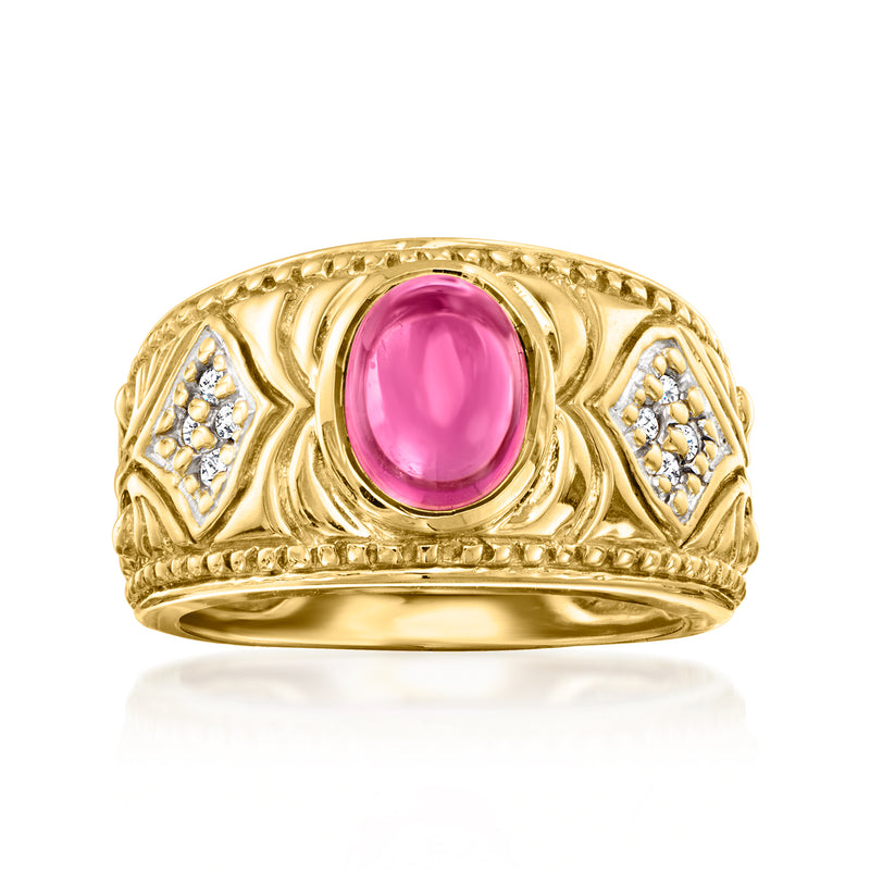 18k yellow gold vintage ring, oval pink tourmaline center, diamond accents