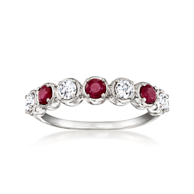 Sterling silver ring with alternating round ruby-red and clear diamond stones