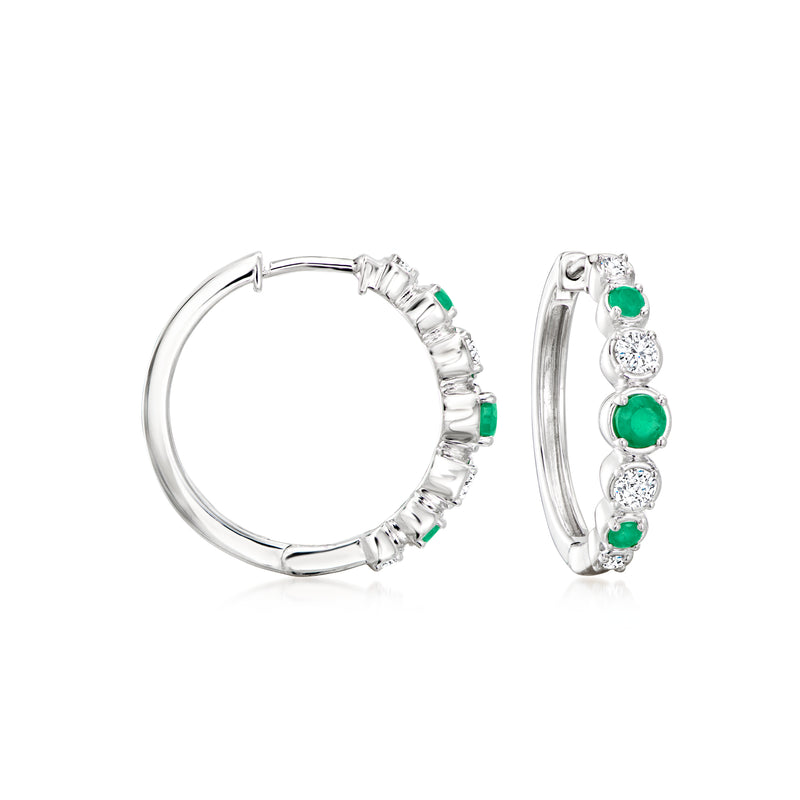 Sterling silver hoop earrings with green emerald accents and clear lab-grown diamonds