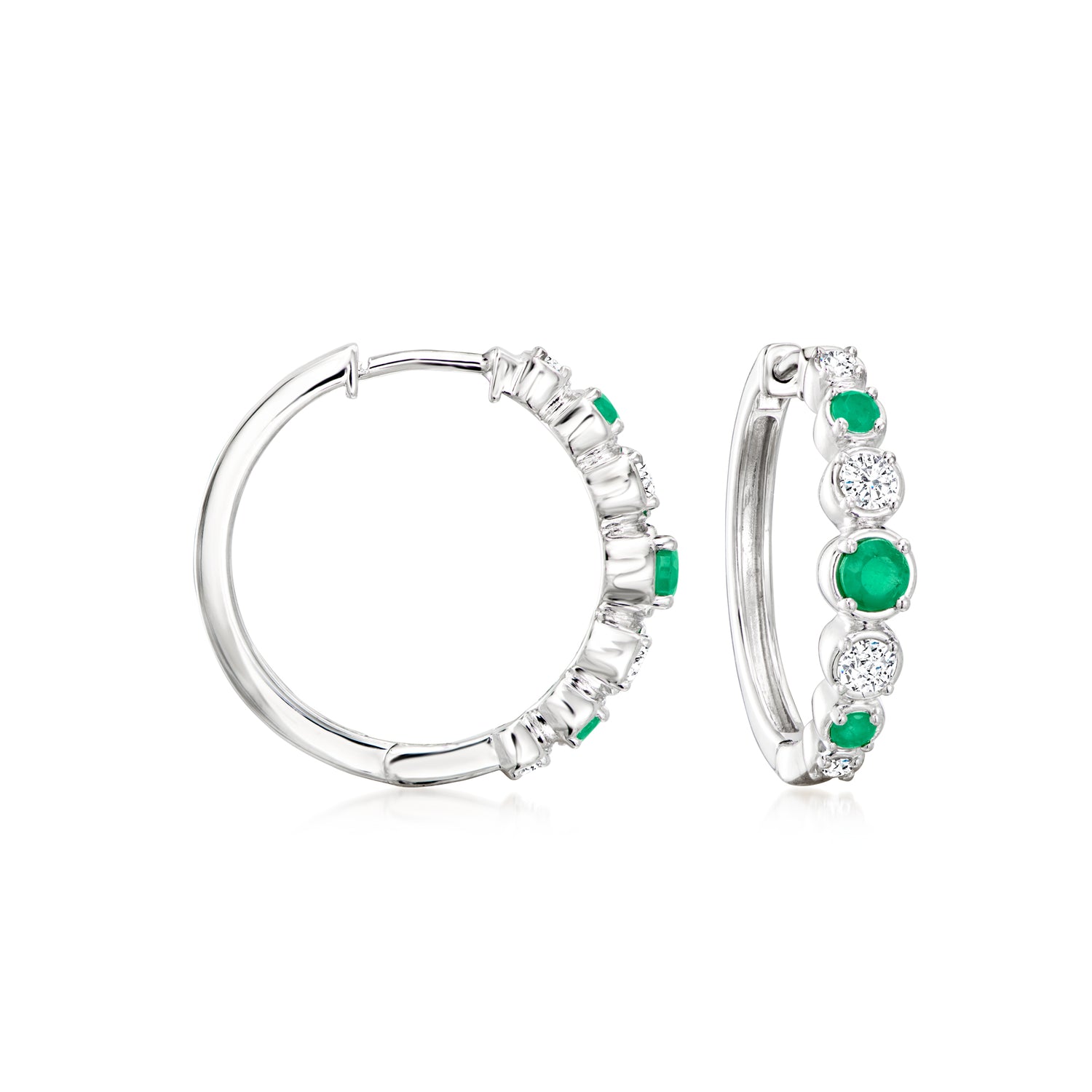 .40 ct. t.w. Emerald and .33 ct. t.w. Lab Grown Diamond Hoop Earrings in Sterling Silver