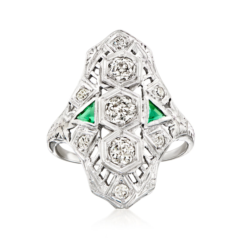 Vintage-style white gold ring with green simulated stones and round diamond accents