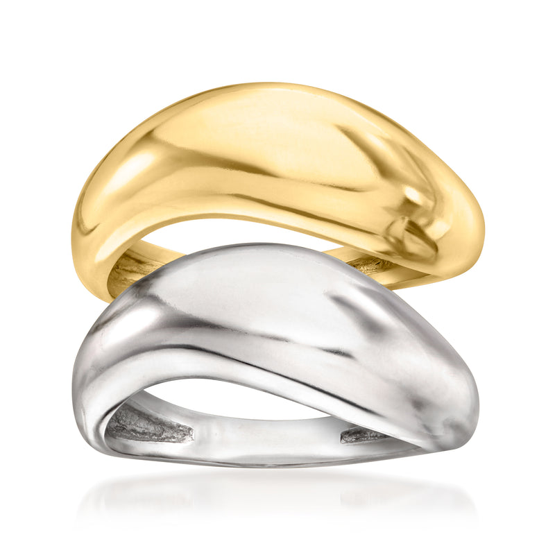 Sculptural two-tone ring set with gold top and polished silver band, stacked view