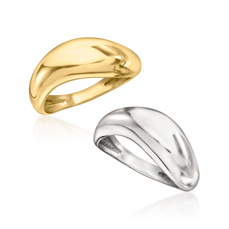 Two-tone sculptural ring set with polished gold and silver rings, offset angle