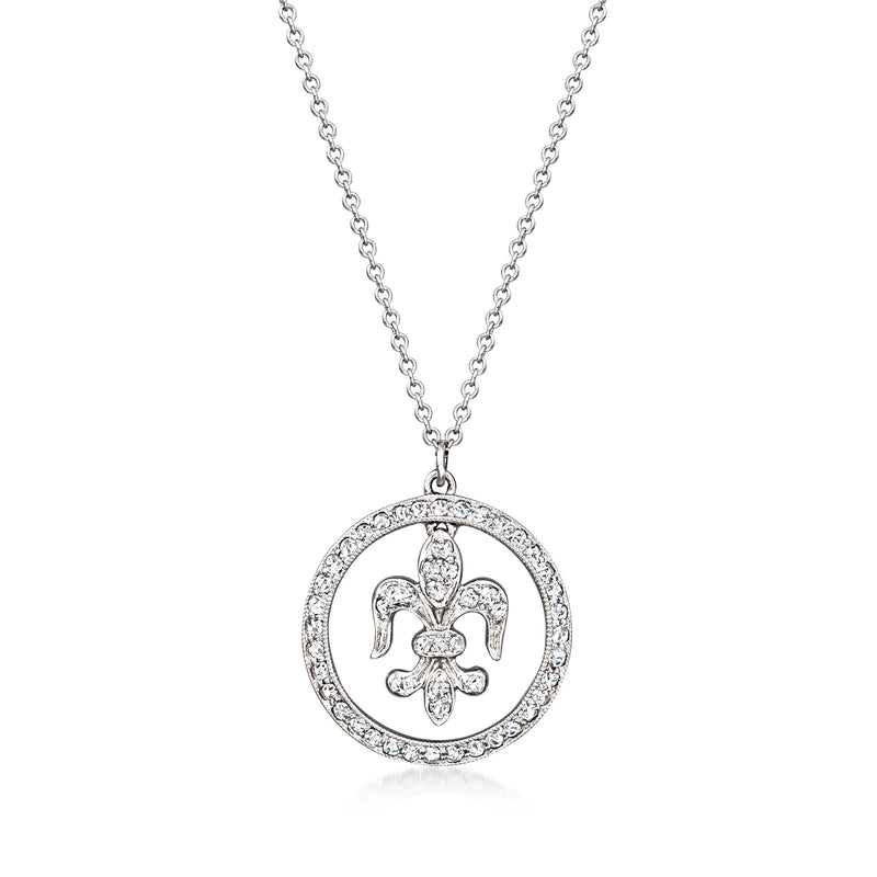 Diamond fleur-de-lis circle pendant necklace in white gold with cable chain