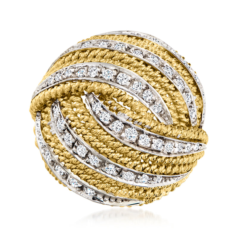 Vintage 18kt yellow gold diamond knot ring with braided bands and round pave diamonds