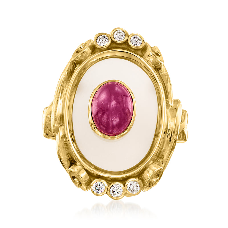 18kt yellow gold cocktail ring with oval purple ruby and round diamond accents, size 7