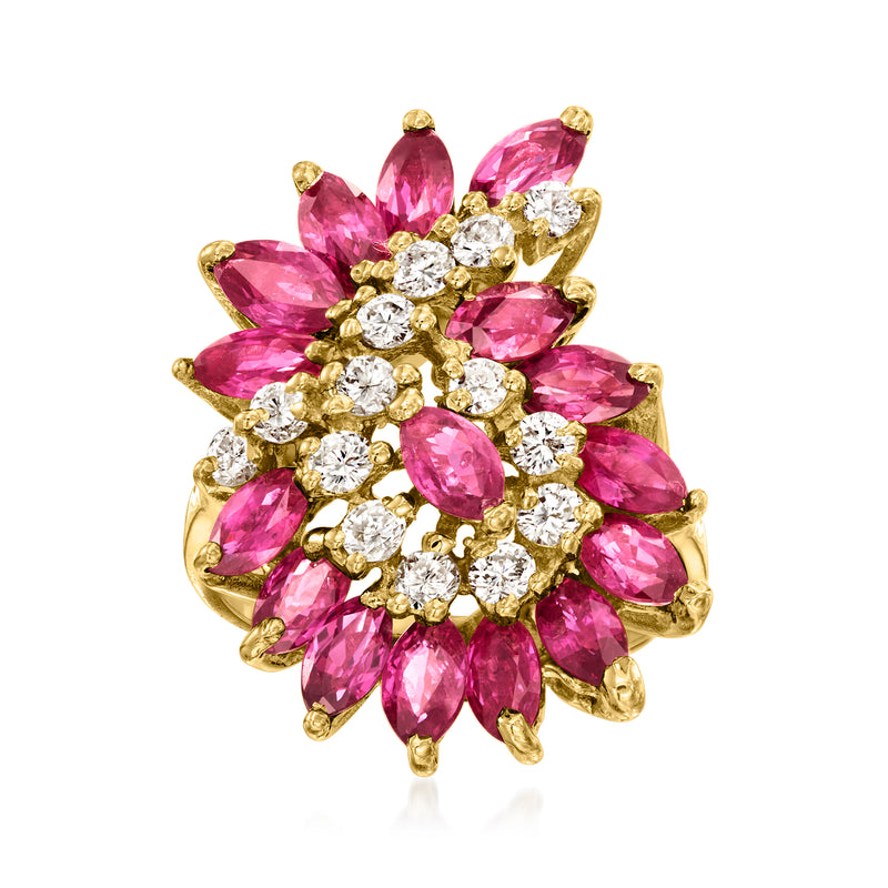 14kt yellow gold swirl ring with pink oval gemstones and round diamond accents