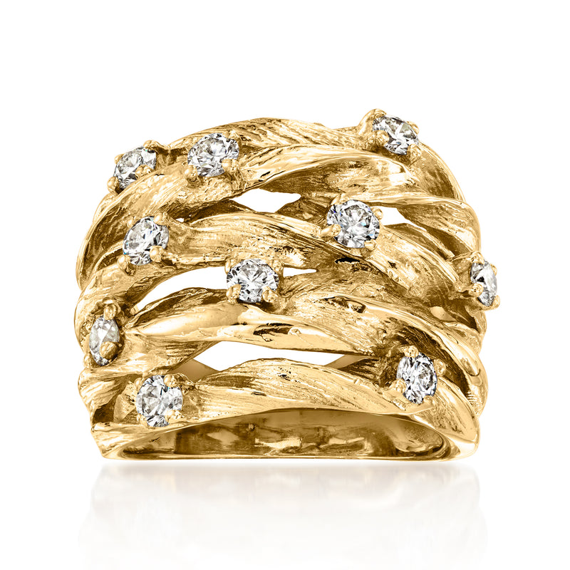 14k yellow gold diamond highway ring with intertwined wave bands and round diamonds