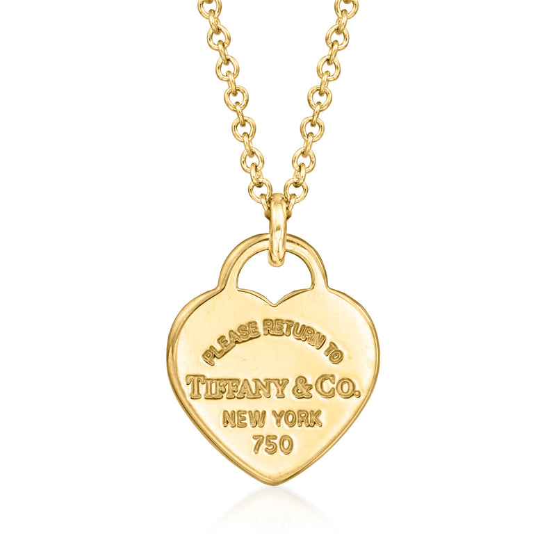 18kt yellow gold heart tag necklace with engraved Tiffany & Co logo and chain