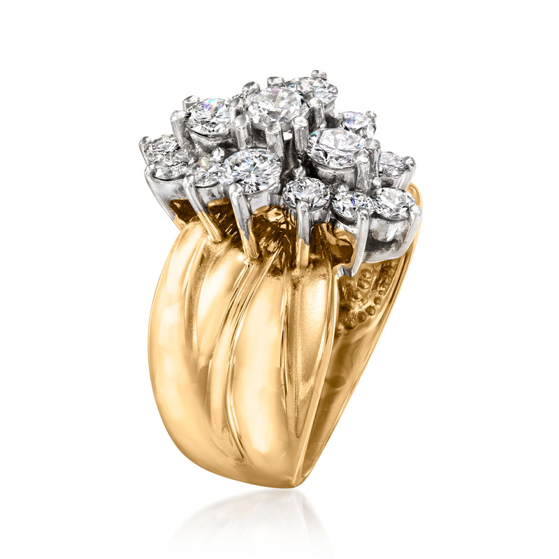 14kt yellow gold diamond cluster ring, side view with prong-set rounds