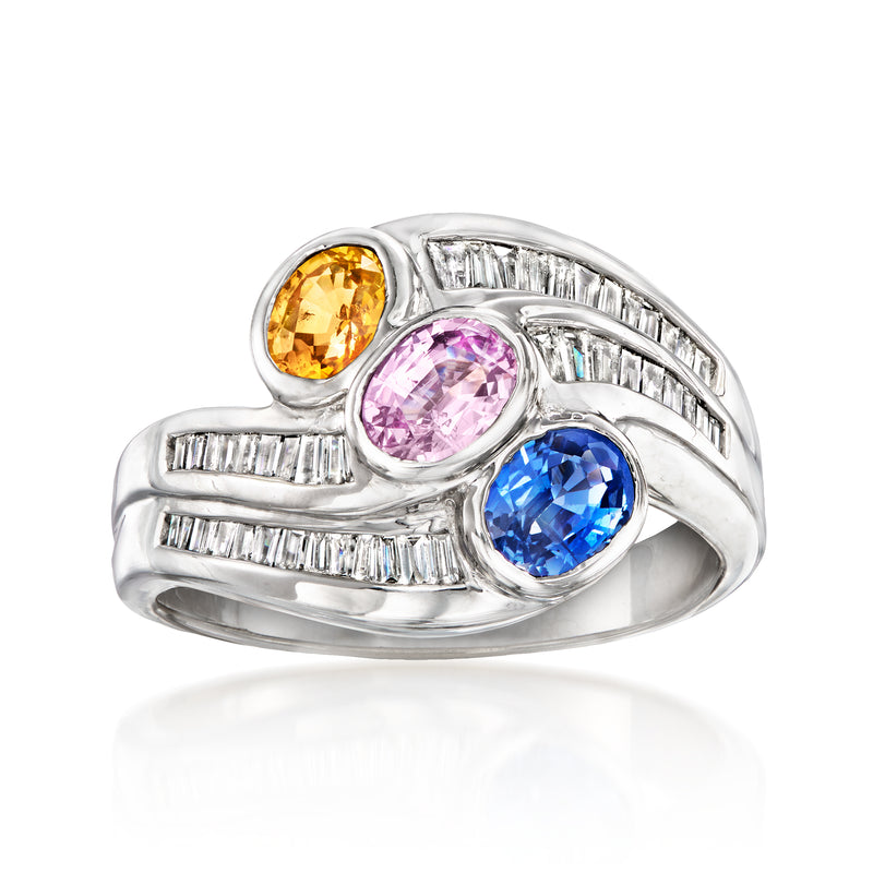 White gold multicolored sapphire ring with three oval stones and diamond baguette accents