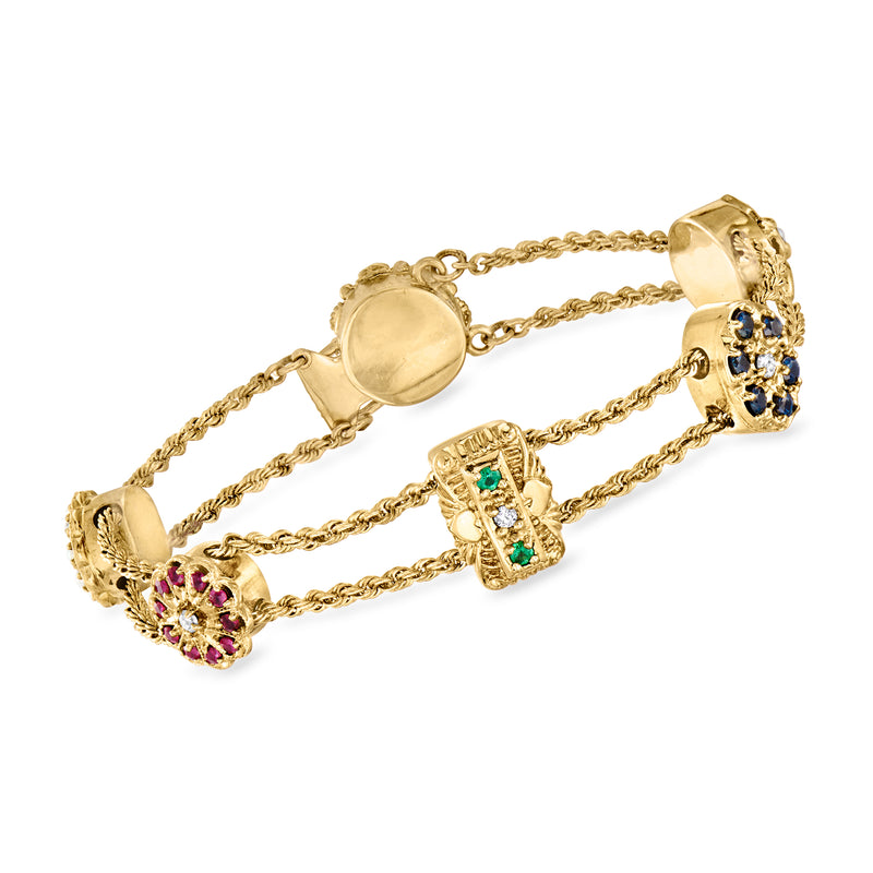 14kt yellow gold slide bracelet with multicolor gemstones and diamond accents, gold links