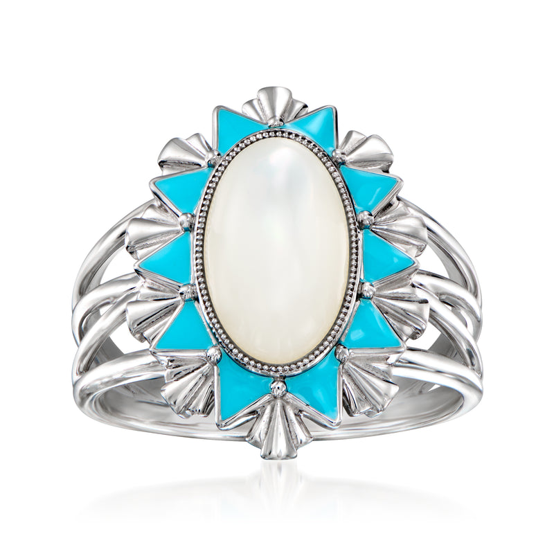 Sterling silver ring with oval mother-of-pearl and blue enamel, scalloped prong setting