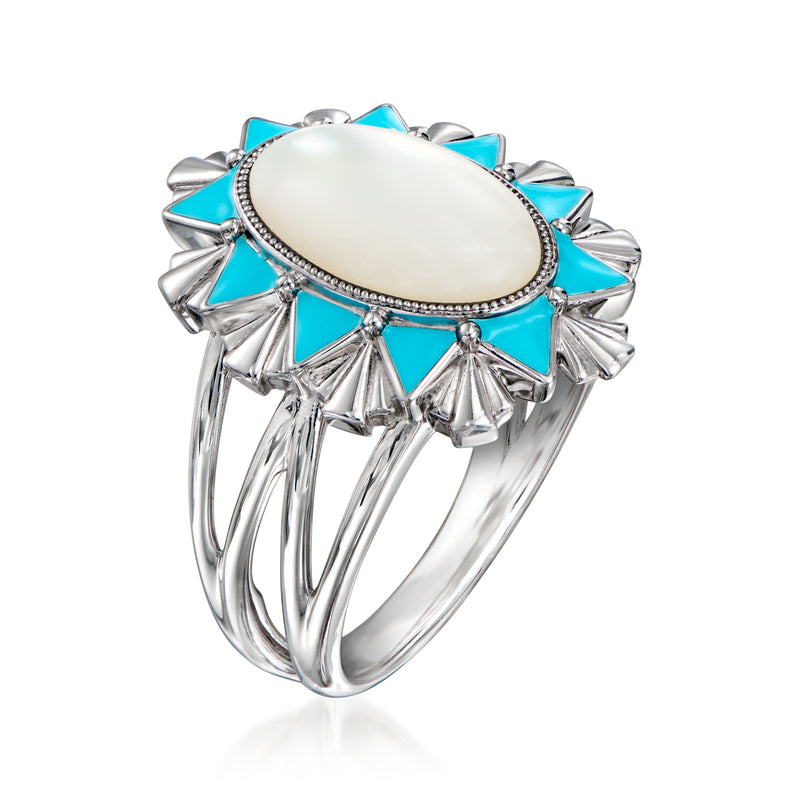 Oval mother-of-pearl ring with blue enamel panels and silver petal-like prongs