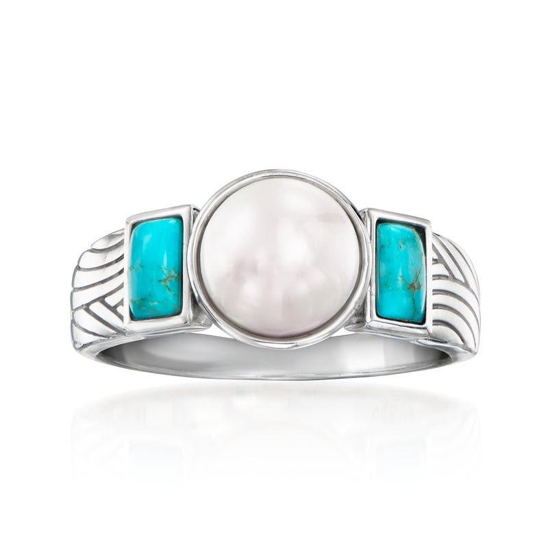 Sterling silver ring with round white cultured pearl and two turquoise square stones