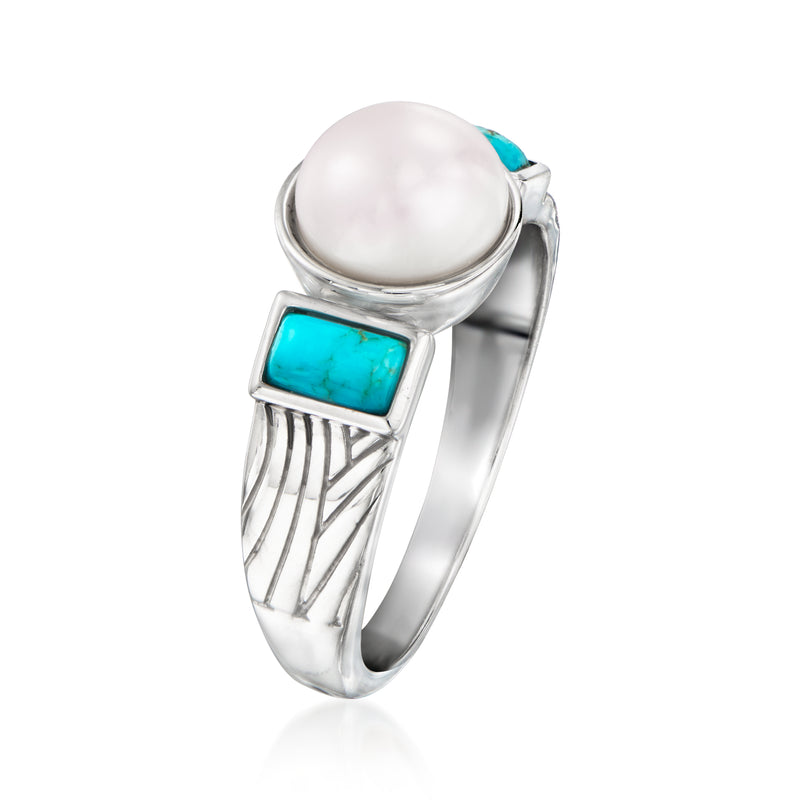 Sterling silver ring with round white pearl, turquoise square stone, and etched shank