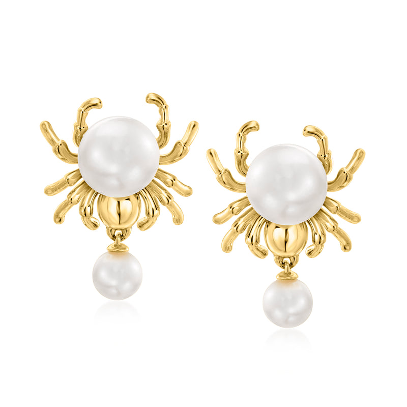 Gold-tone spider drop earrings with large white cultured pearl and dangling pearl
