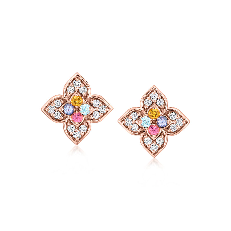 18kt rose gold flower stud earrings with multicolor gemstones and diamond accents