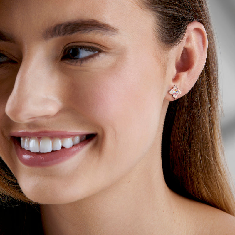 Rose gold flower stud earrings with multicolor gemstone and diamond accents