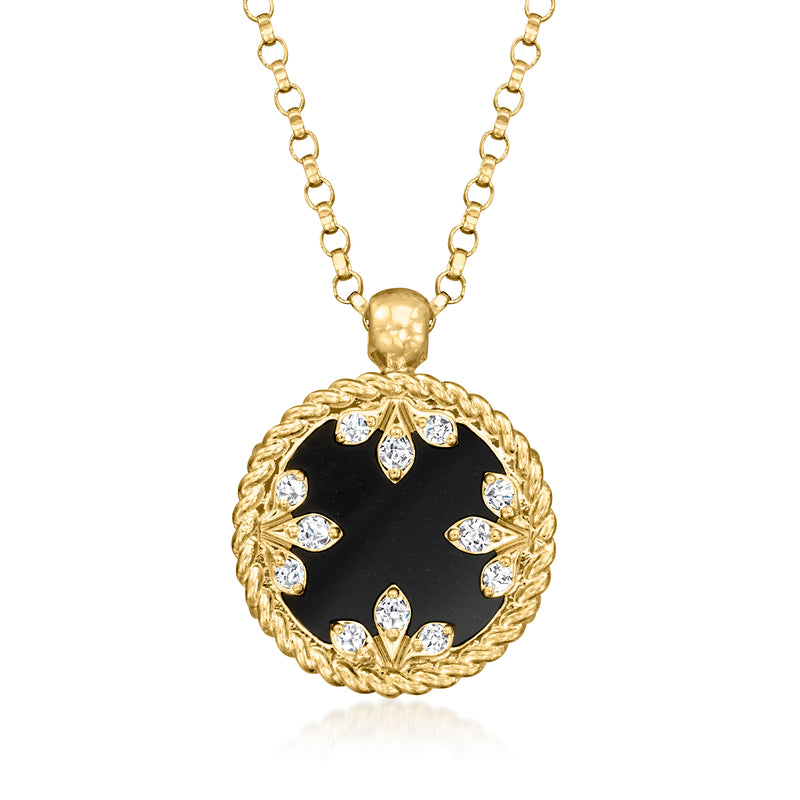 Gold medallion necklace with black jade center, mother-of-pearl rim, diamond accents