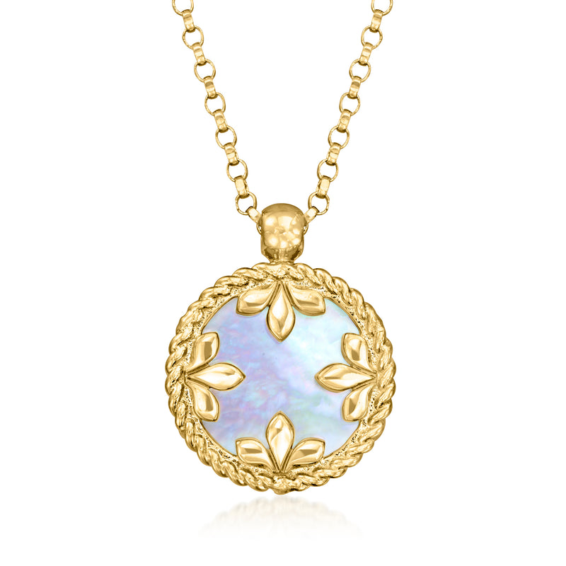 Gold medallion necklace reverse side with mother-of-pearl center and floral engraving
