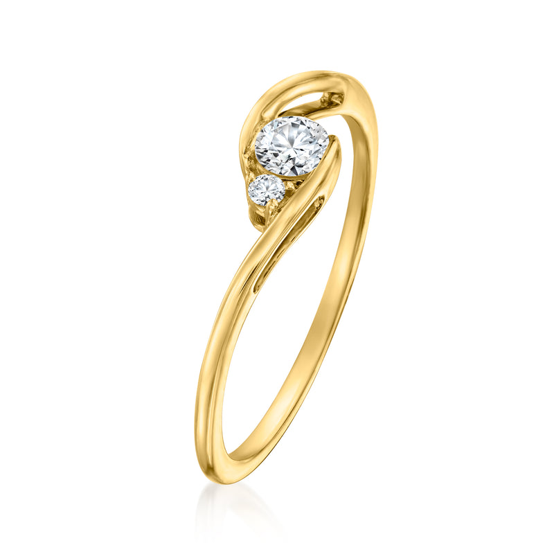 Curvy 14kt yellow gold ring with large round lab-grown diamond and smaller side stone